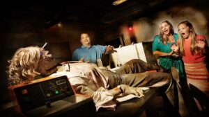 Family looking at a zombie